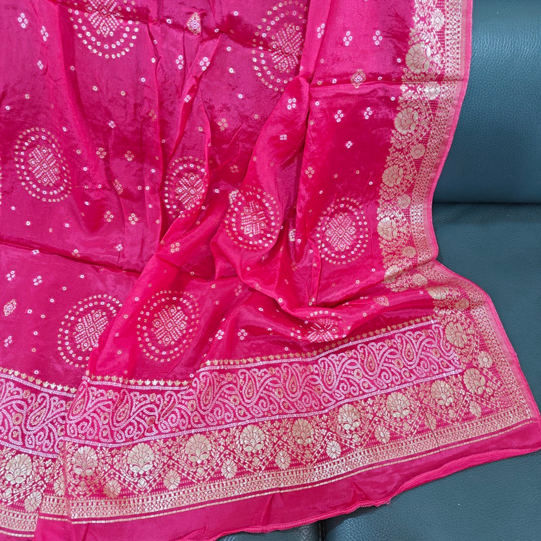 Pink Chinon Bandhani Brocade Dupatta