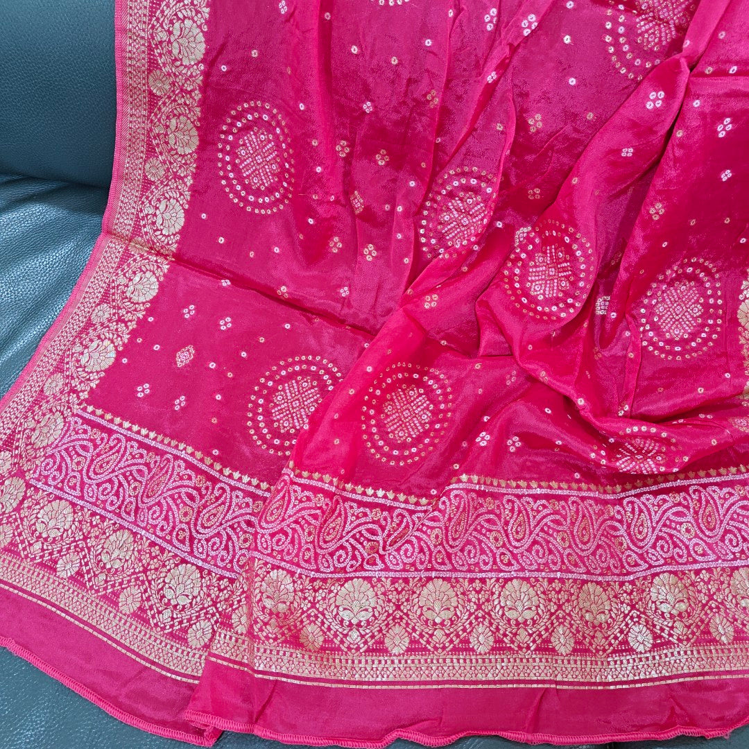 Pink Chinon Bandhani Brocade Dupatta