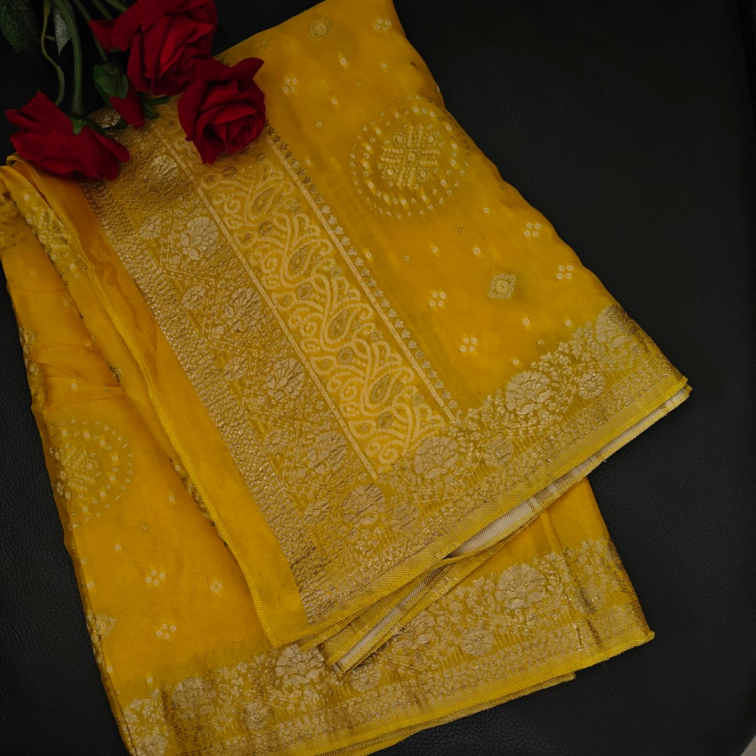 Yellow Chinon Bandhani Brocade Dupatta