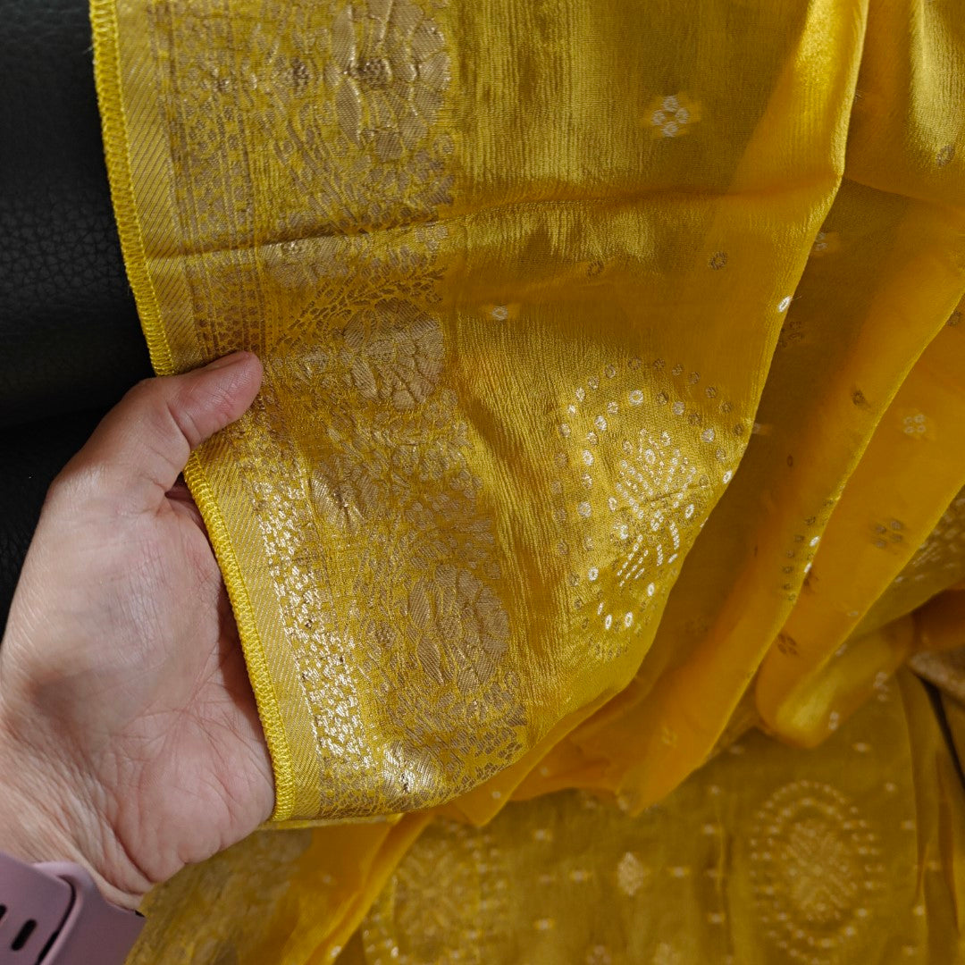 Yellow Chinon Bandhani Brocade Dupatta