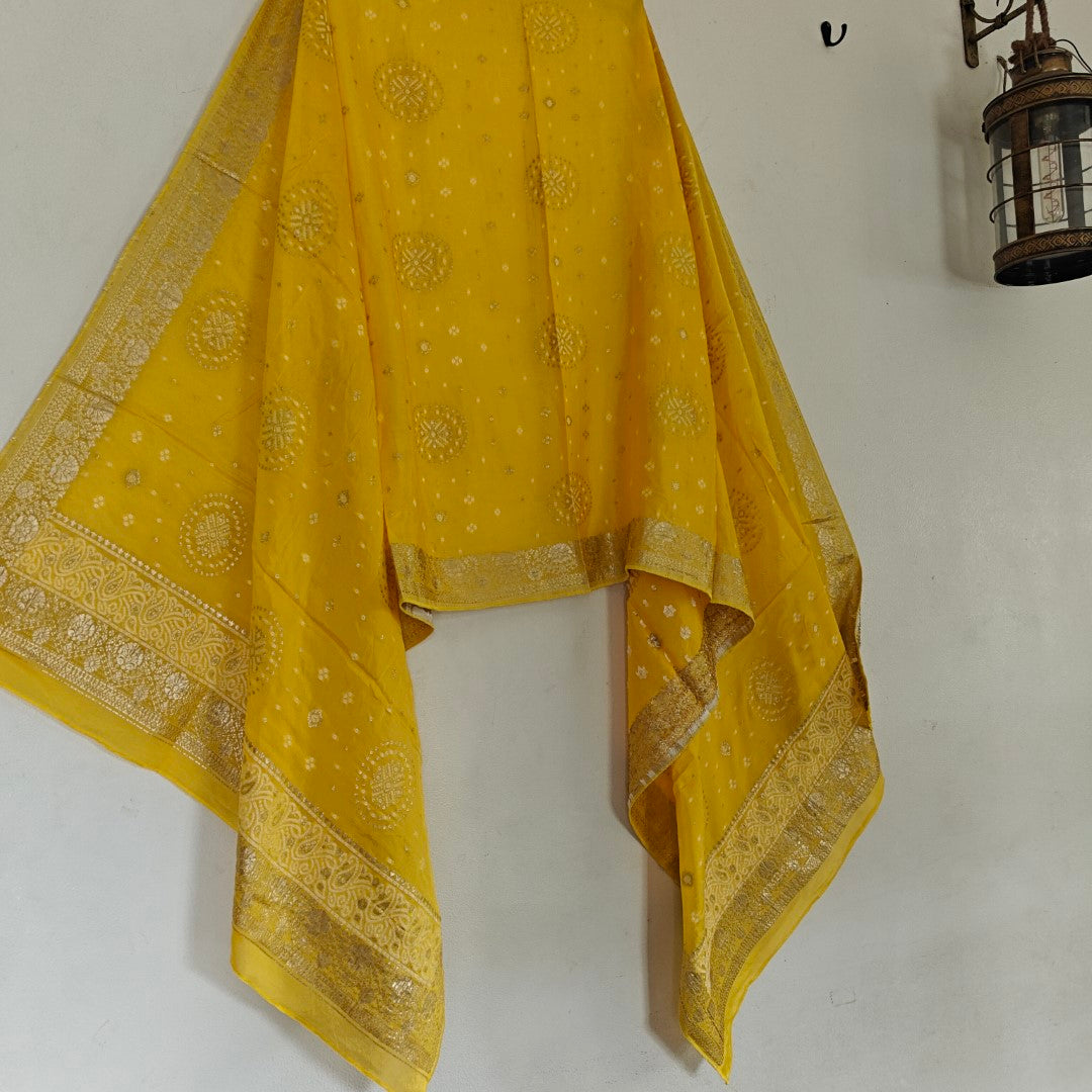 Yellow Chinon Bandhani Brocade Dupatta