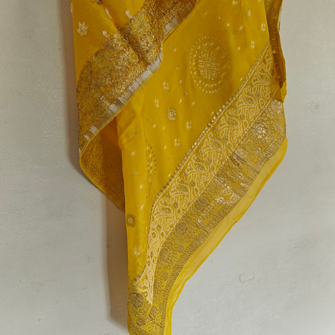 Yellow Chinon Bandhani Brocade Dupatta
