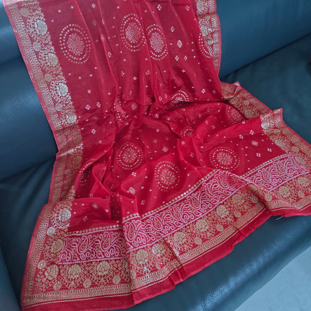 Red Chinon Bandhani Brocade Dupatta
