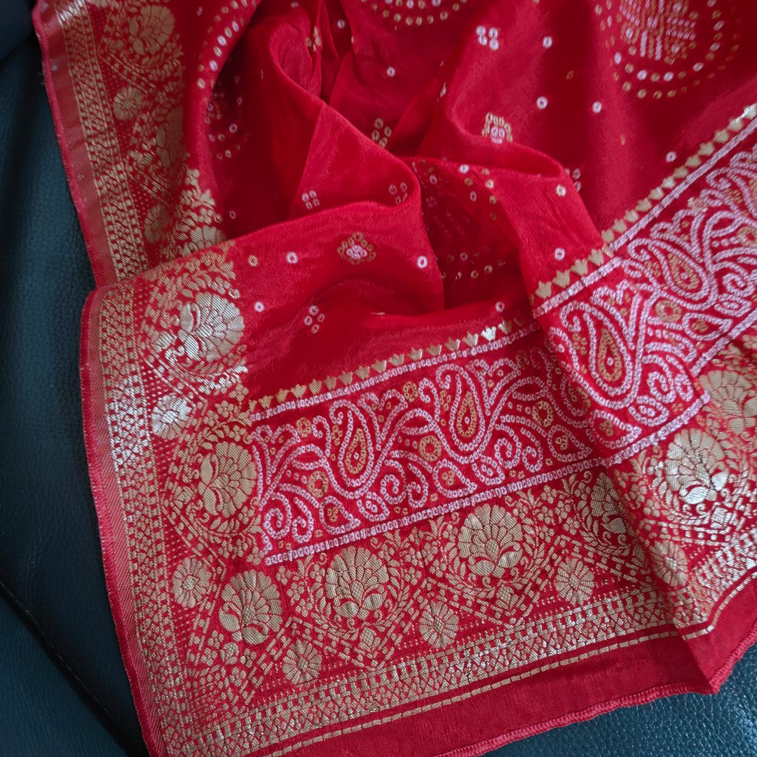 Red Chinon Bandhani Brocade Dupatta