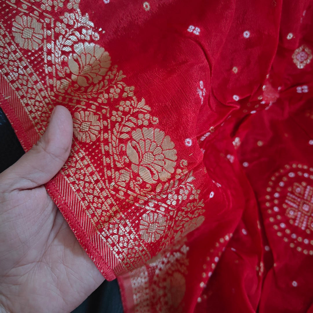 Red Chinon Bandhani Brocade Dupatta