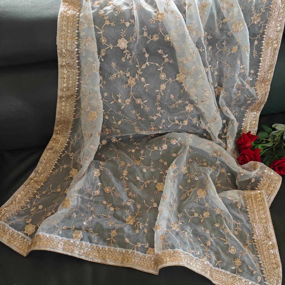 White Organza Dupatta with Gold embroidery
