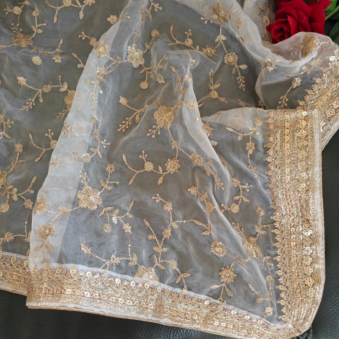 White Organza Dupatta with Gold embroidery