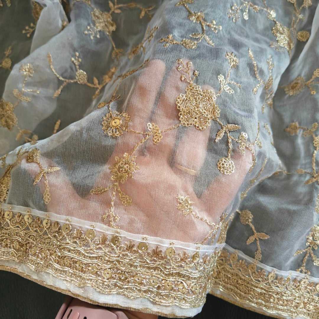 White Organza Dupatta with Gold embroidery