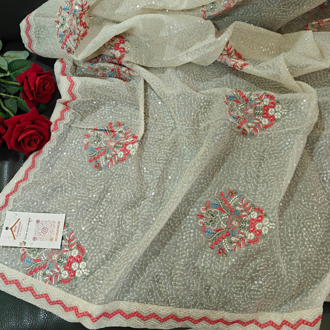 Heavy all over transparent sequins Dupatta. White Red Dupatta