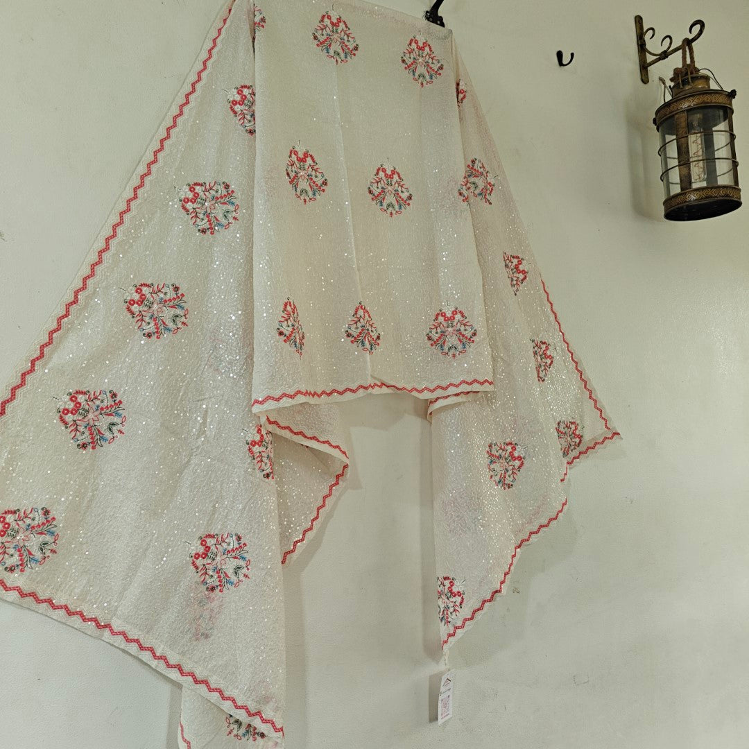 Heavy all over transparent sequins Dupatta. White Red Dupatta