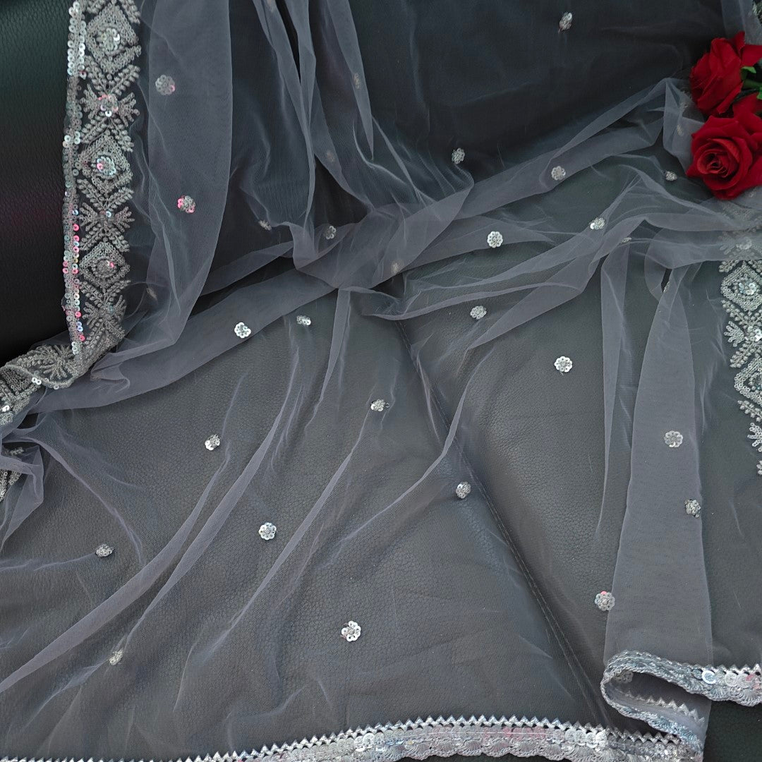 Grey SIlver Net dupatta