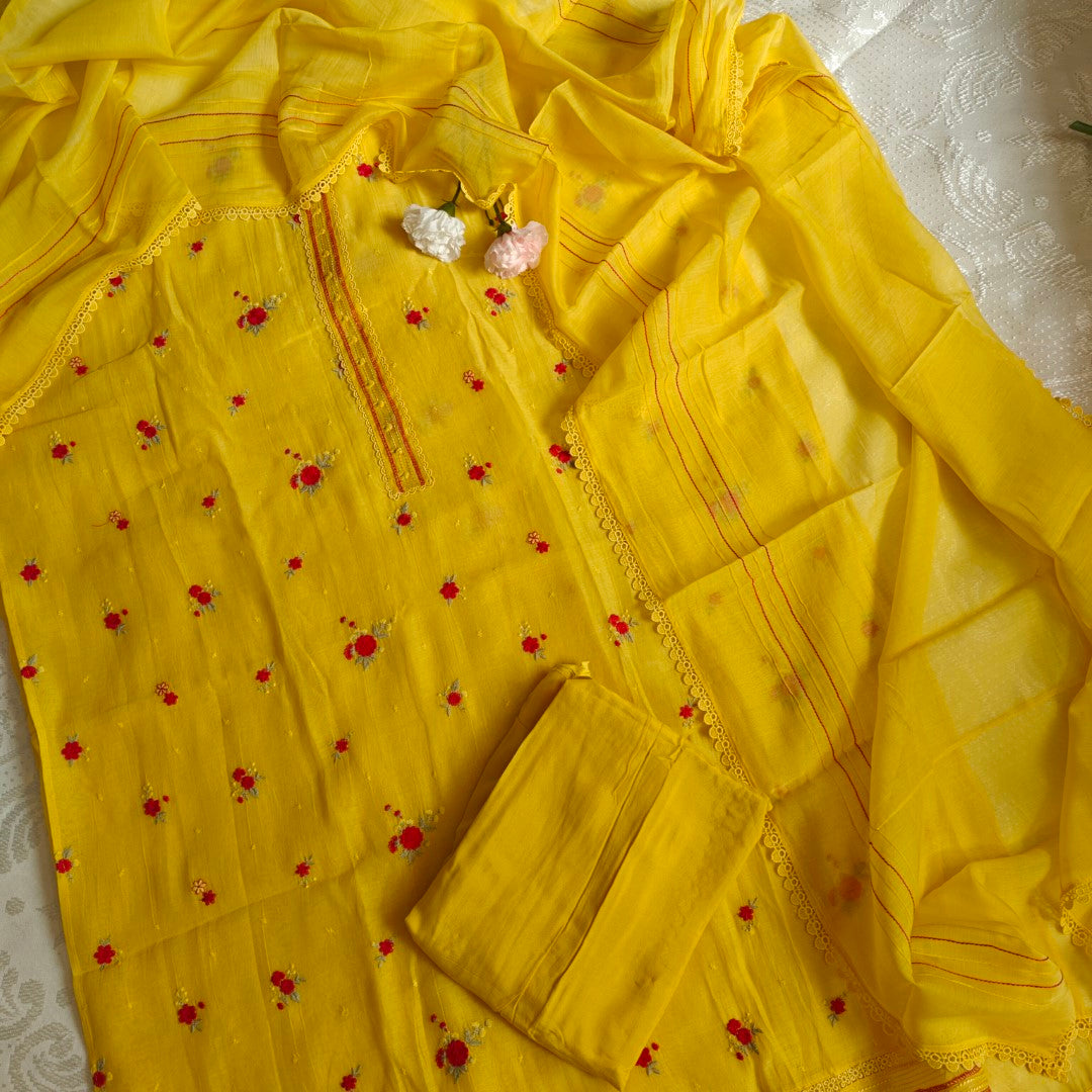 Pure Maheshwari Yellow Designer Dress material