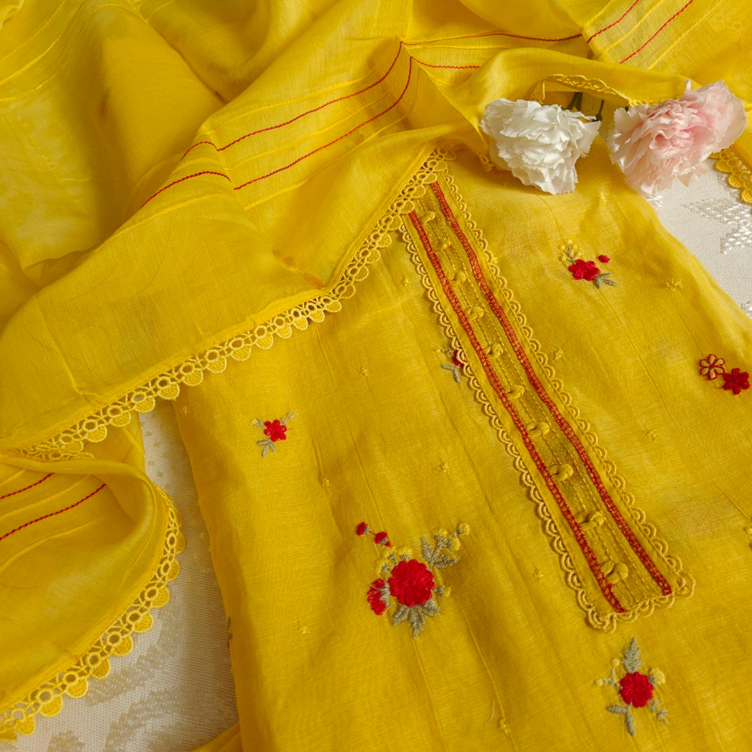 Pure Maheshwari Yellow Designer Dress material