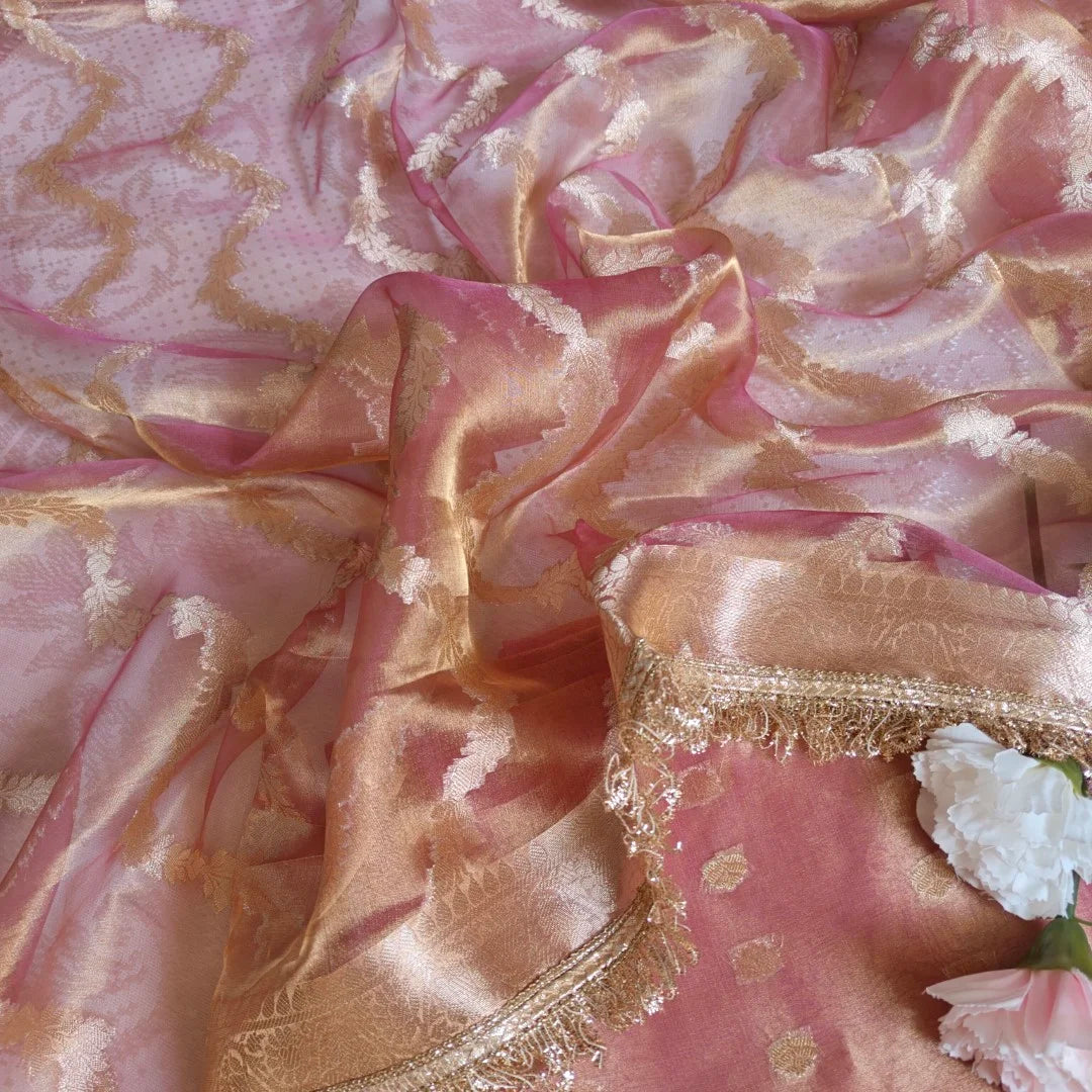 Pink Pure Silk Tissue Banarasi Suits