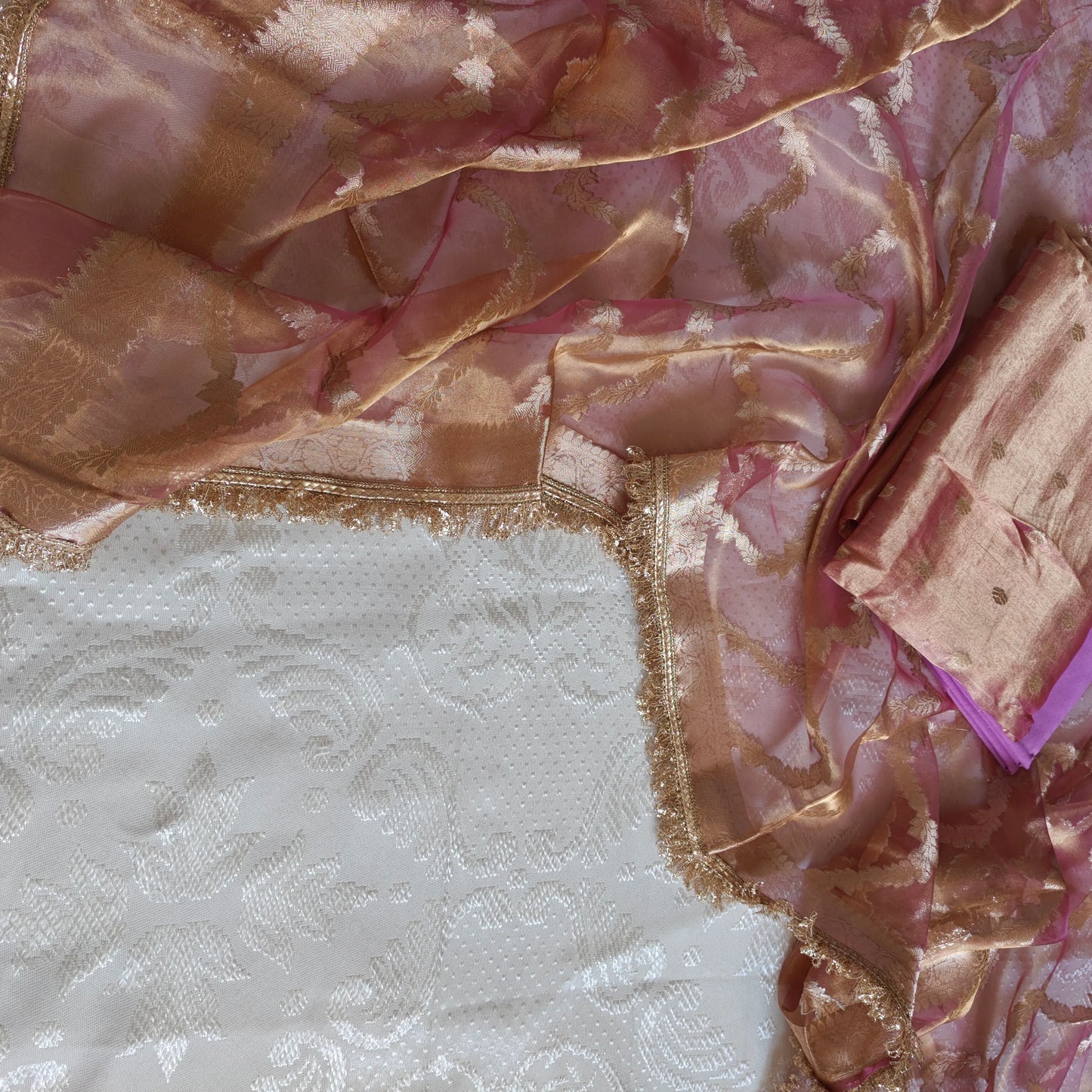 Pink Pure Silk Tissue Banarasi Suits