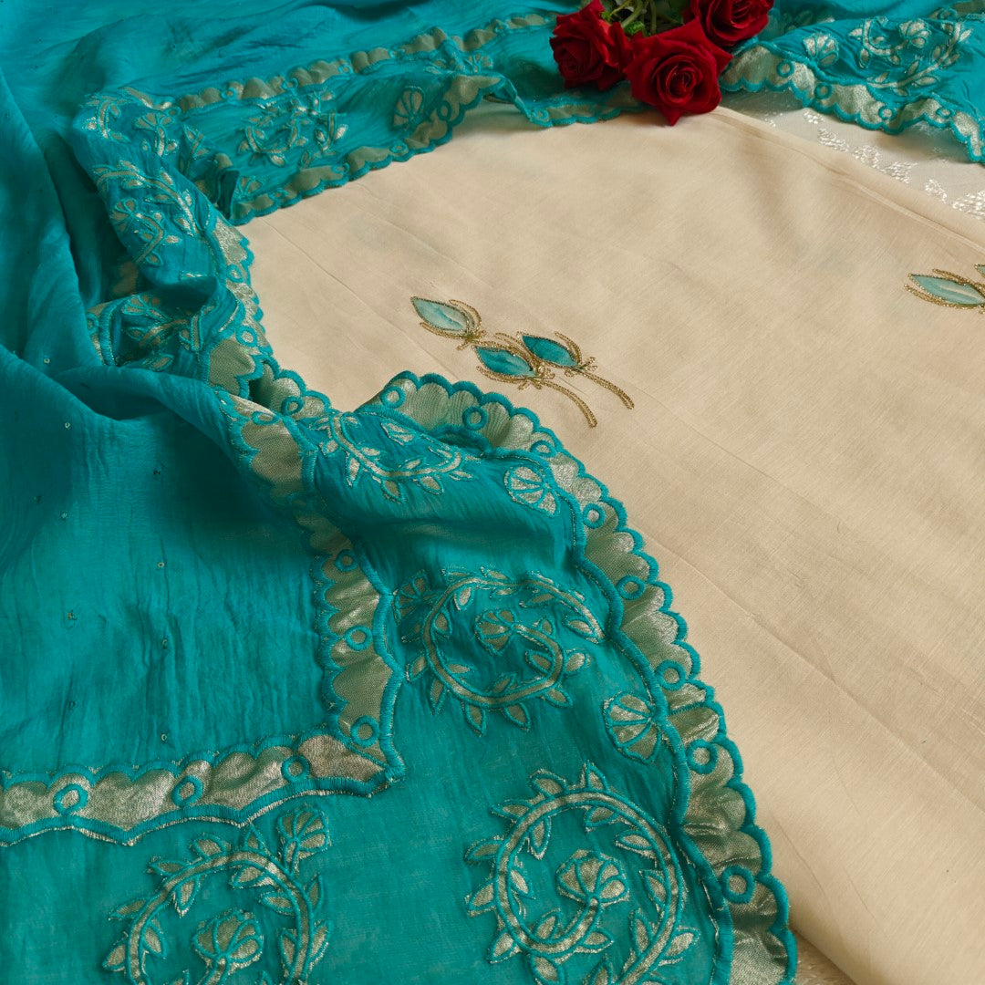 Pure Maheshwari kurta with Blue cotton patchwork dupatta- 2Pcs set