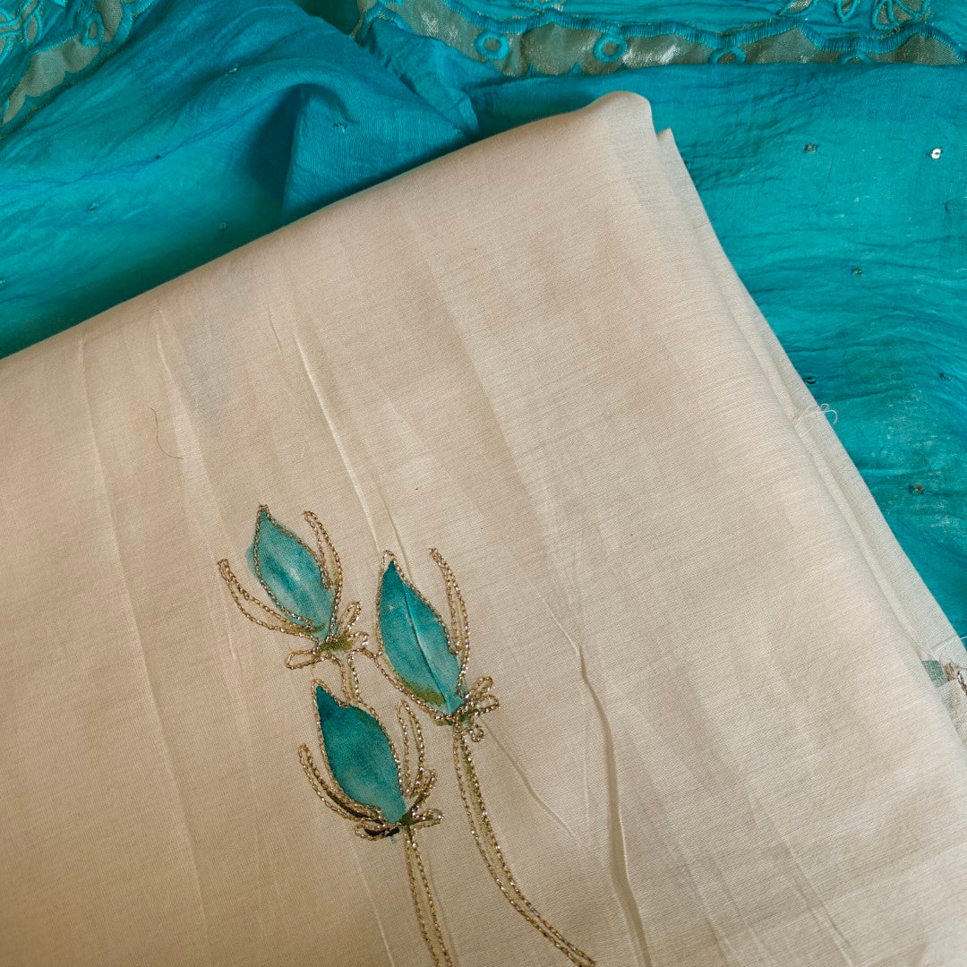 Pure Maheshwari kurta with Blue cotton patchwork dupatta- 2Pcs set