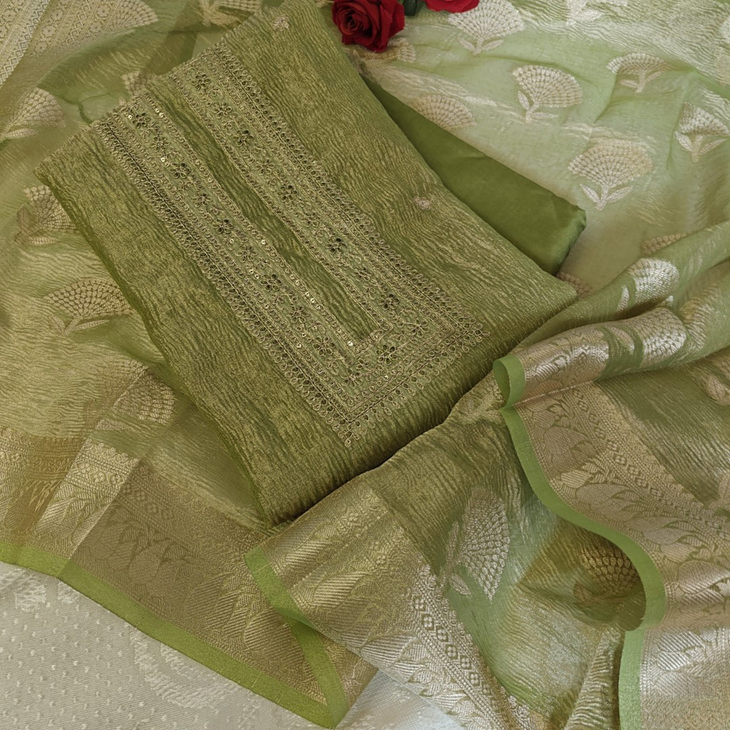 Green crush tissue Designer dress material