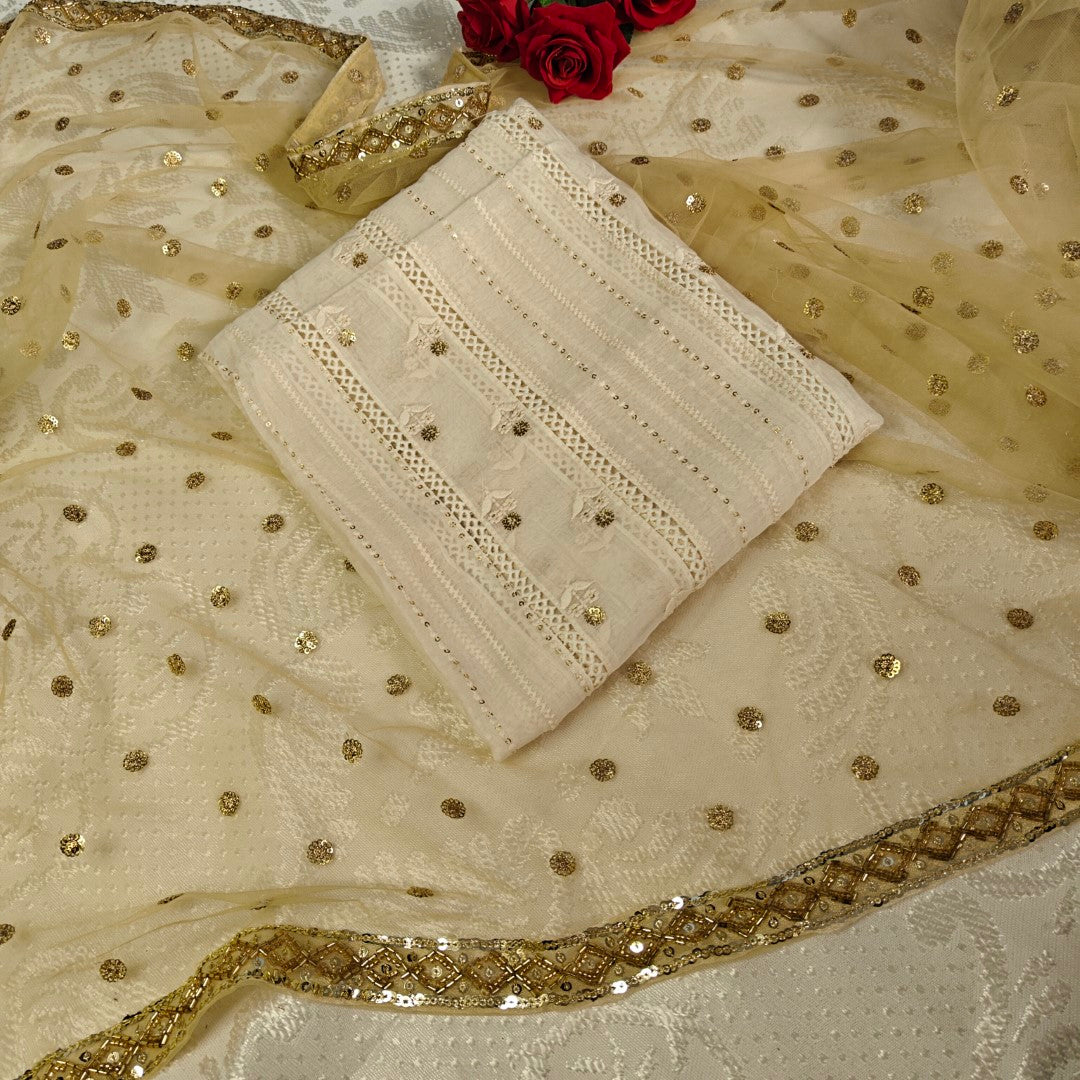 Cream Kurta with Gold dupatta dress material