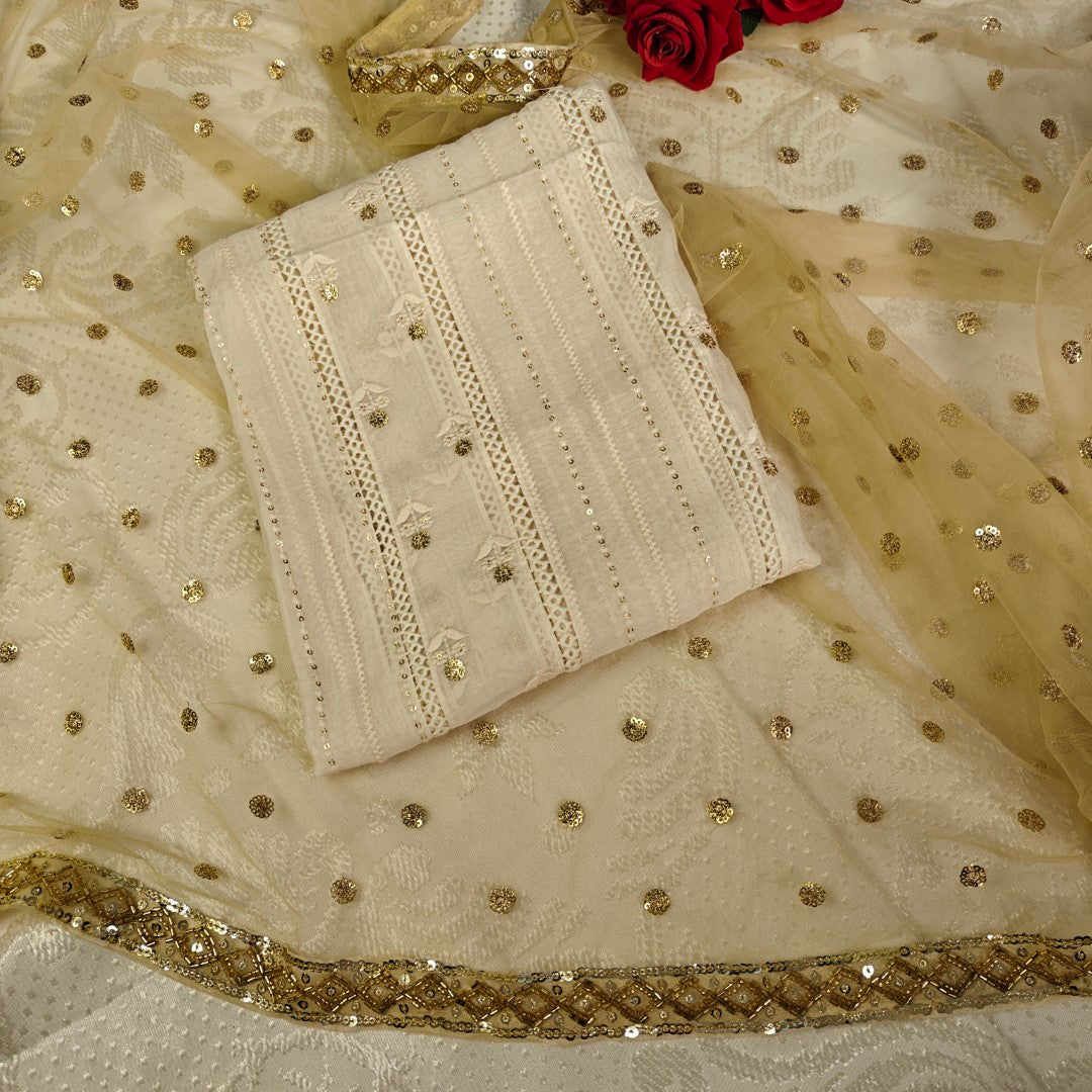Cream Kurta with Gold dupatta dress material