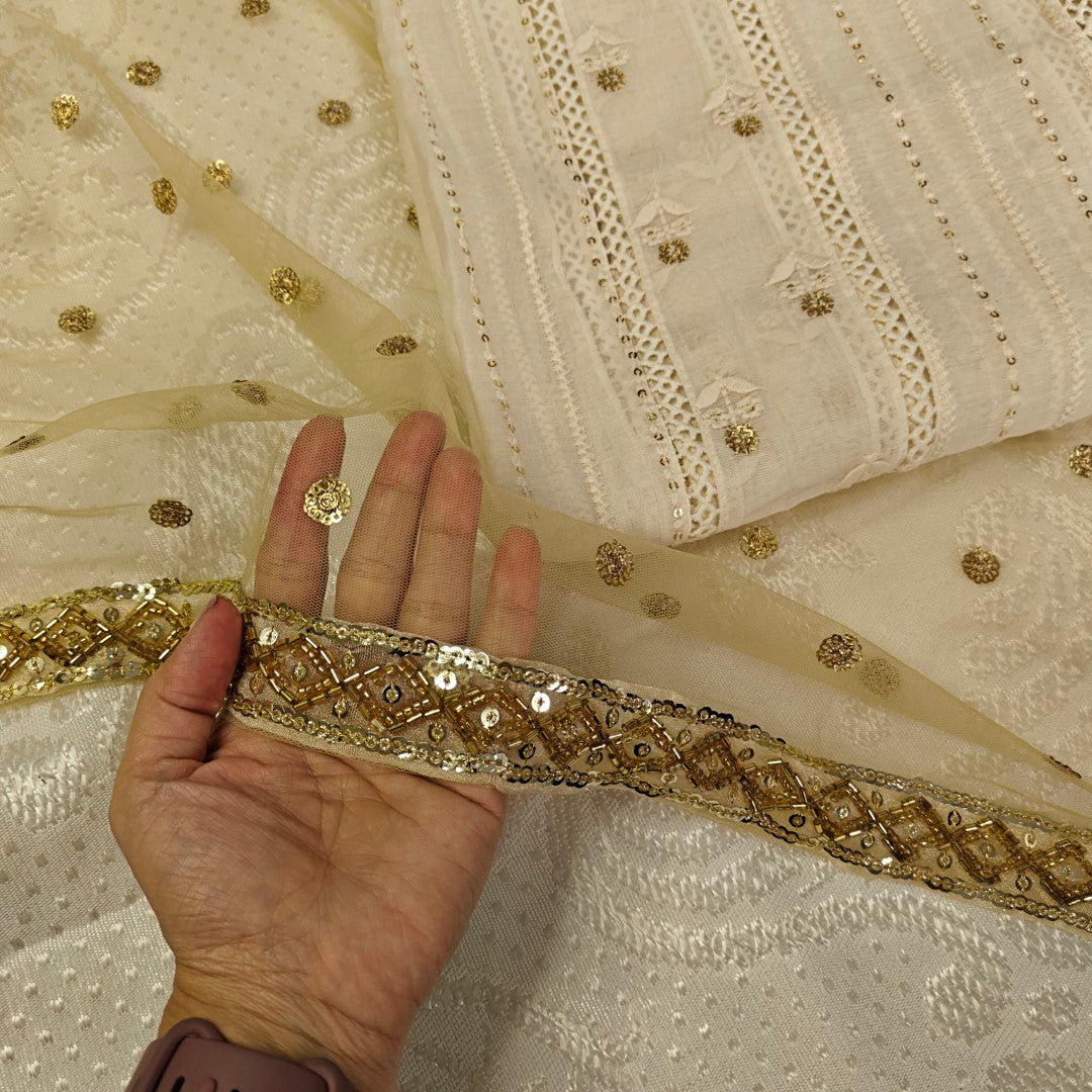 Cream Kurta with Gold dupatta dress material