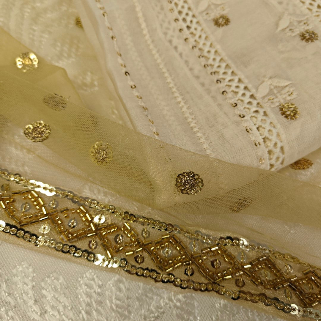Cream Kurta with Gold dupatta dress material