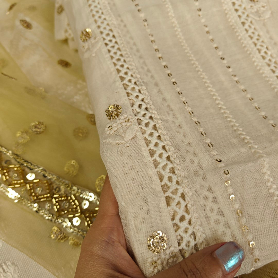 Cream Kurta with Gold dupatta dress material