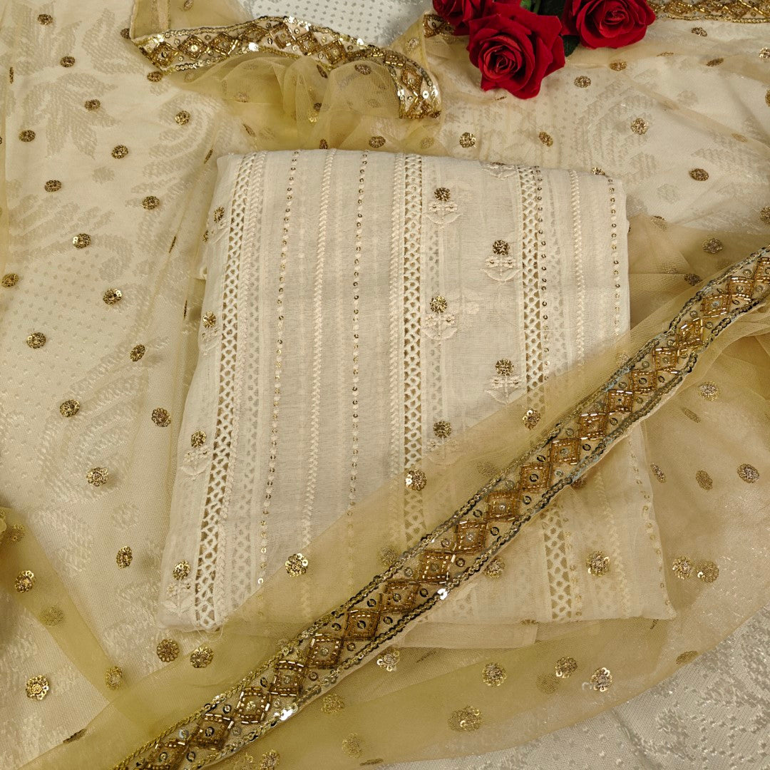 Cream Kurta with Gold dupatta dress material