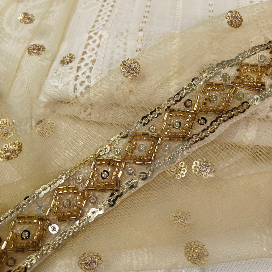 Cream Kurta with Gold dupatta dress material