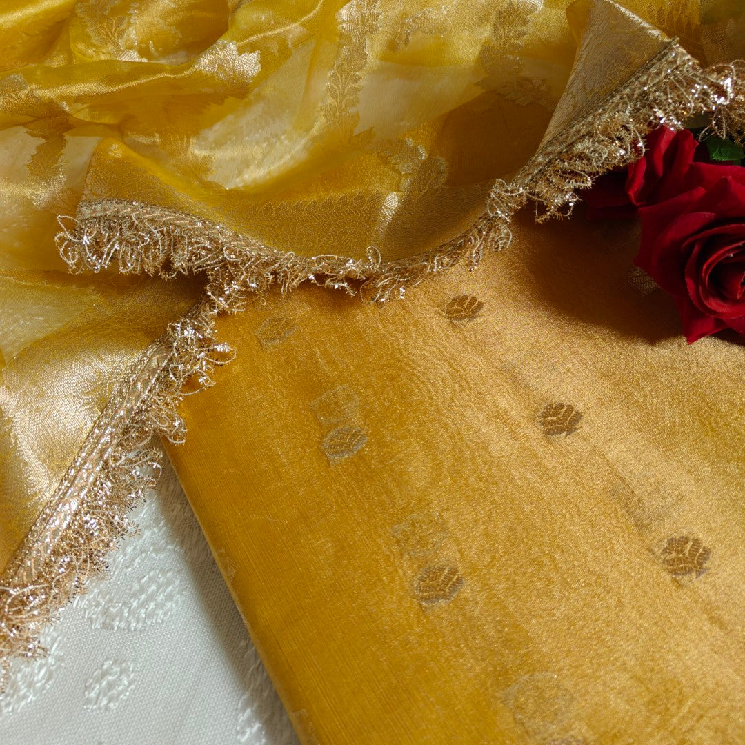 Yellow Pure Silk Tissue Banarasi Suits