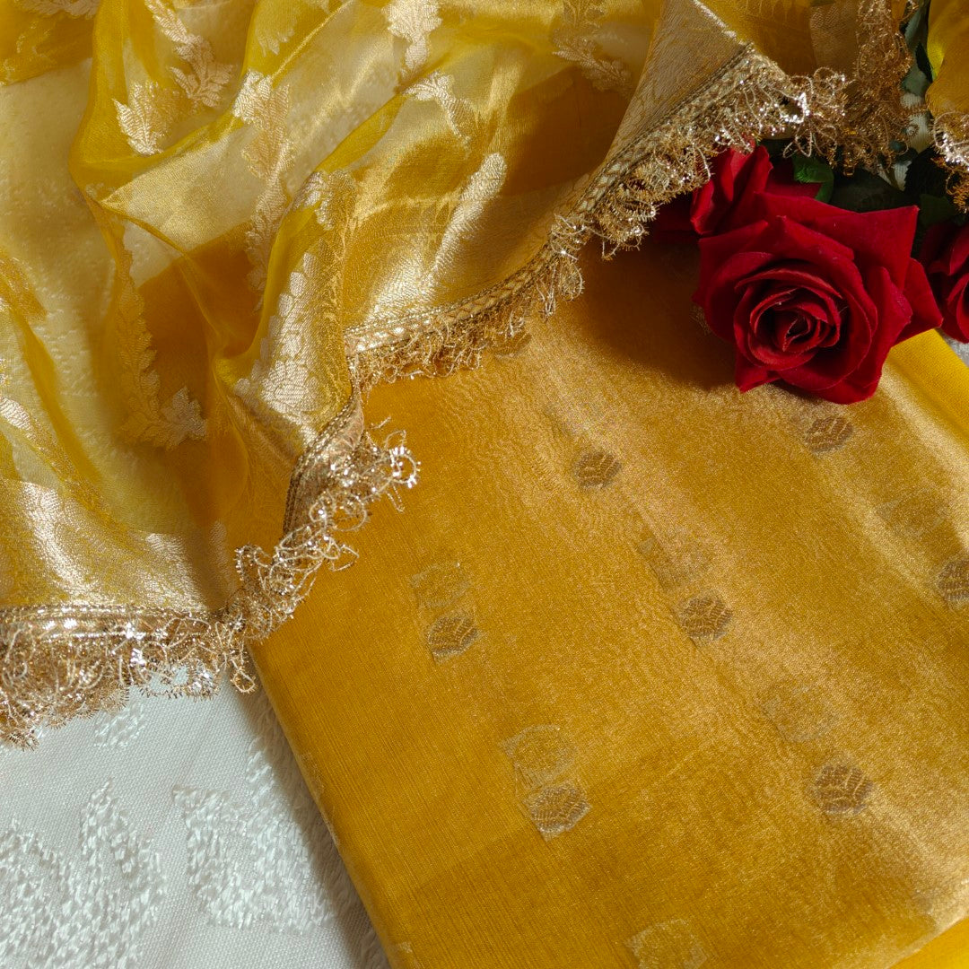 Yellow Pure Silk Tissue Banarasi Suits