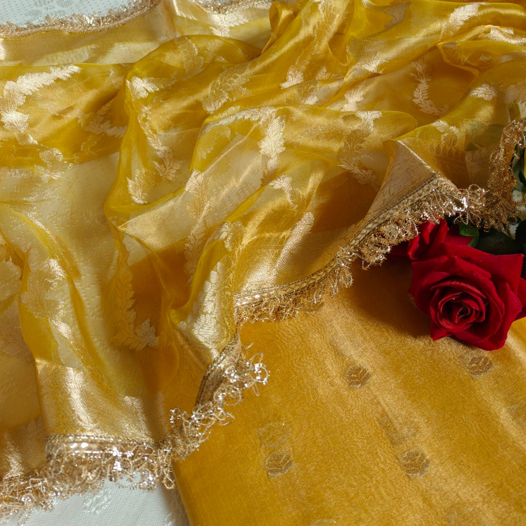 Yellow Pure Silk Tissue Banarasi Suits