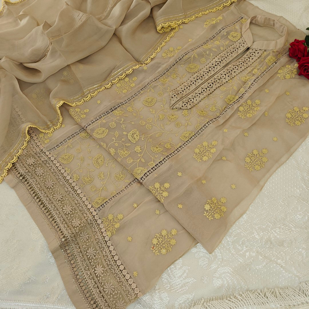 Chikku Organza with yellow embroidery dress material