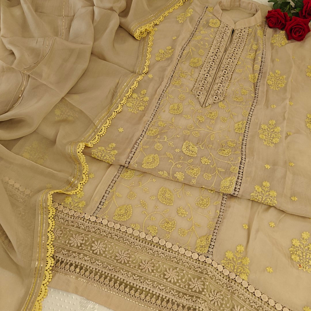 Chikku Organza with yellow embroidery dress material