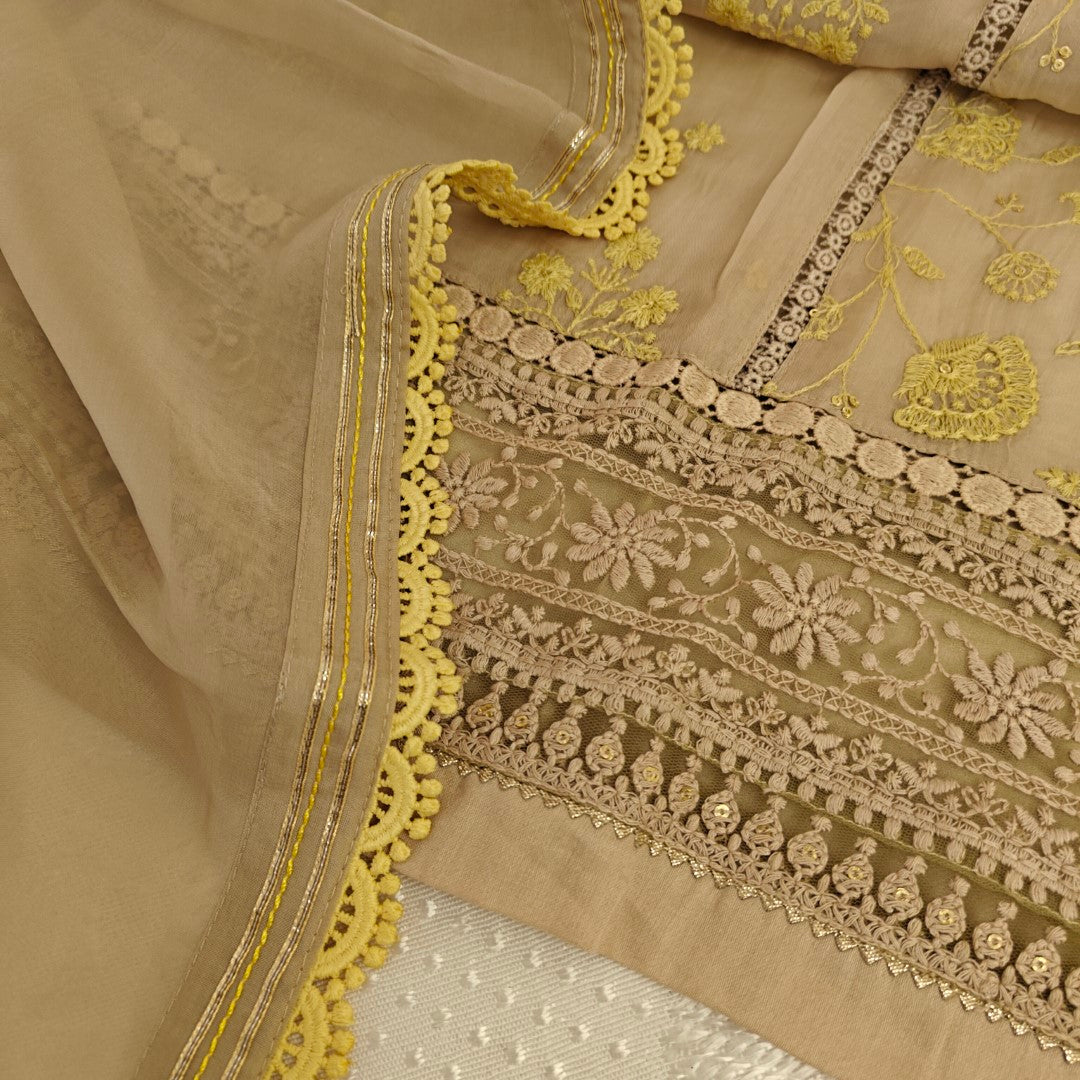 Chikku Organza with yellow embroidery dress material