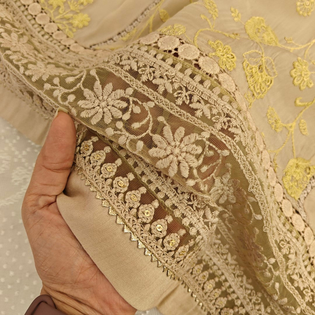 Chikku Organza with yellow embroidery dress material