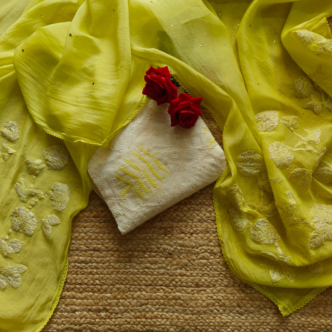 Pure Maheshwari Neon shade Dress material with Patchwork dupatta