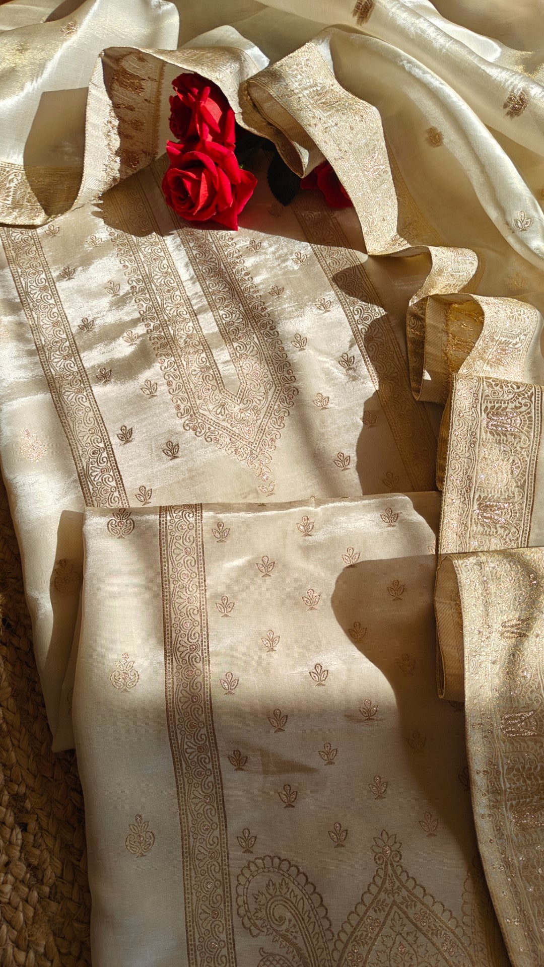 Off white Kanjivaram weaving Unstitched Dress material