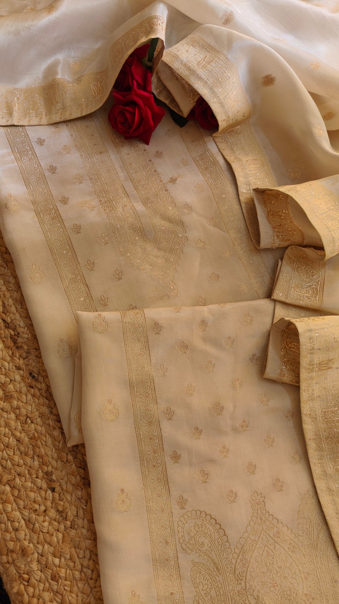 Off white Kanjivaram weaving Unstitched Dress material