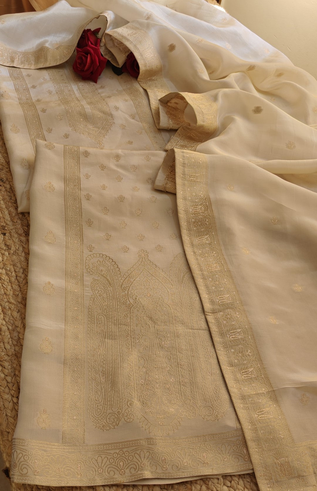 Off white Kanjivaram weaving Unstitched Dress material