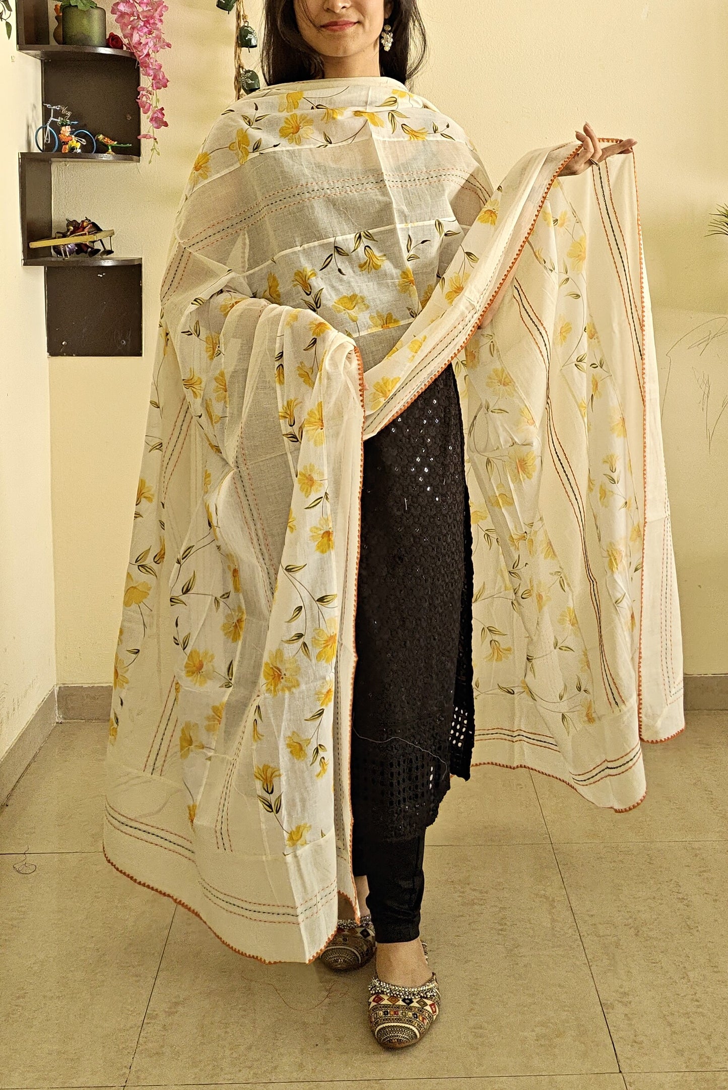Cotton Printed Yellow Floral Kantha work Dupatta