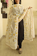 Cotton Printed Yellow Floral Kantha work Dupatta
