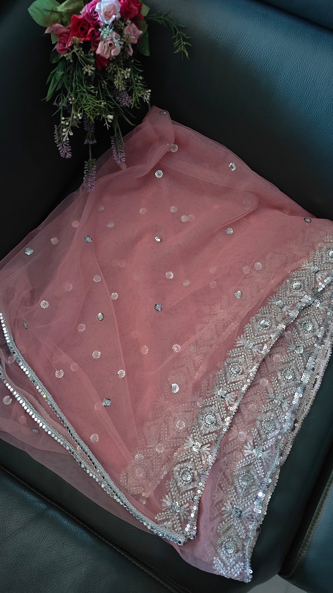 Dusty Pink SIlver Net dupatta