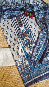 Cotton Printed Dress material Beige Bule