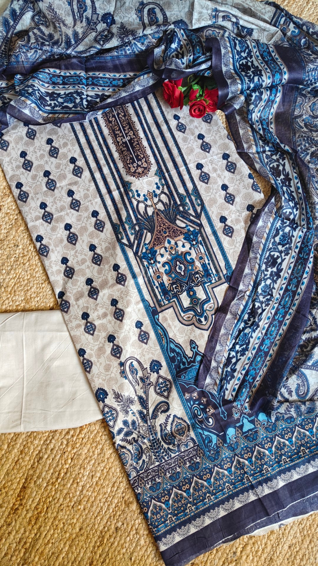 Cotton Printed Dress material Beige Bule