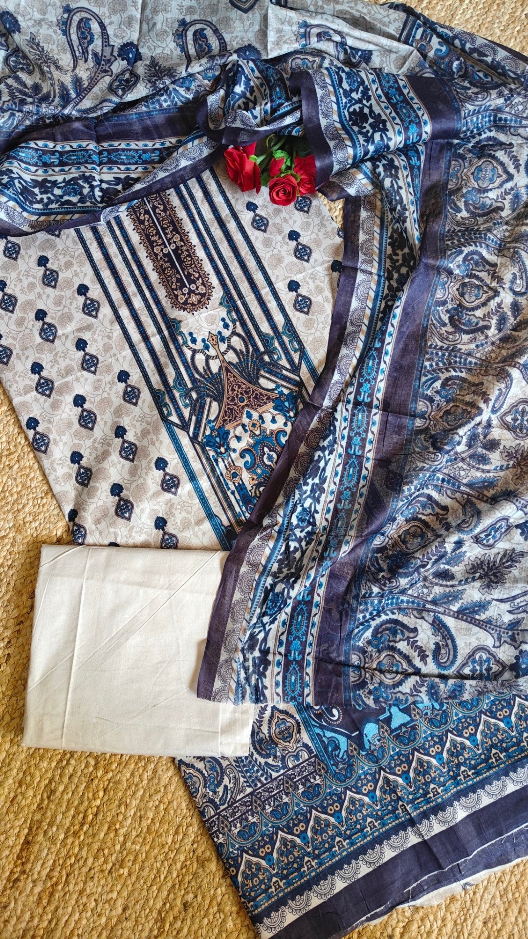 Cotton Printed Dress material Beige Bule