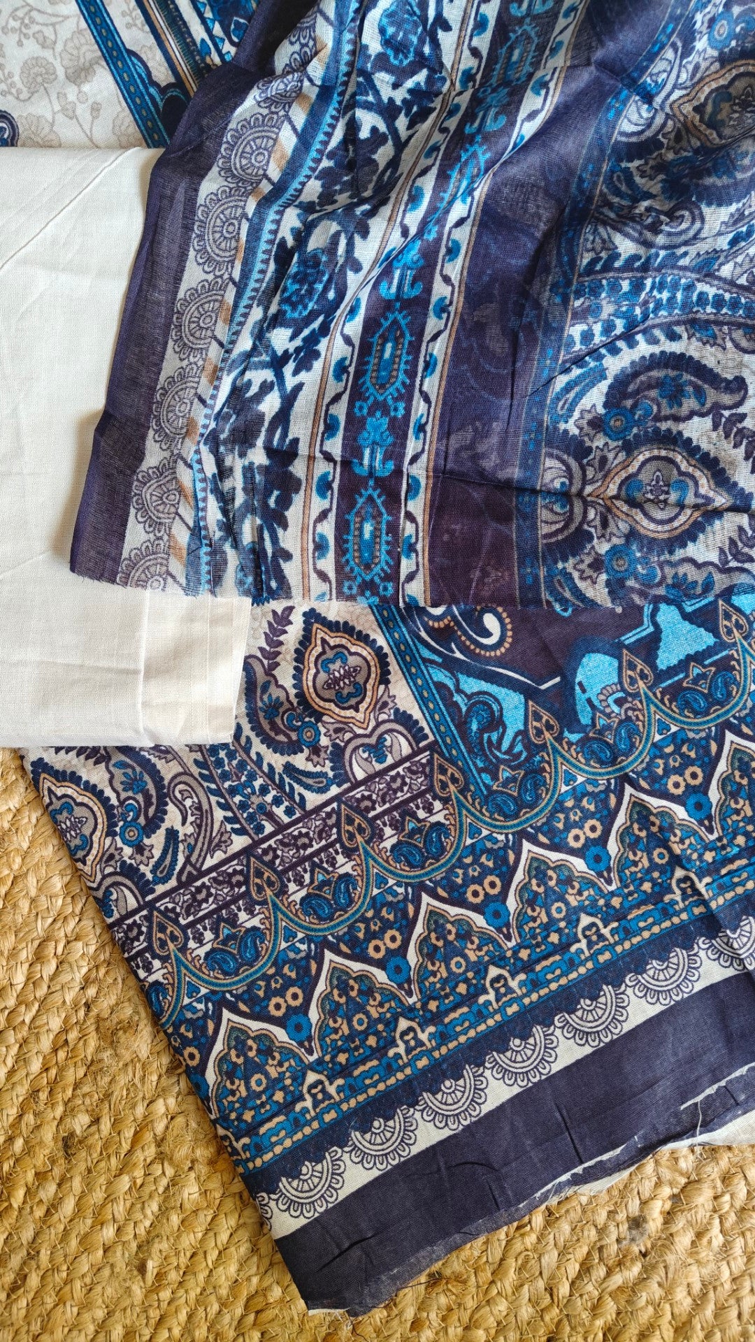 Cotton Printed Dress material Beige Bule