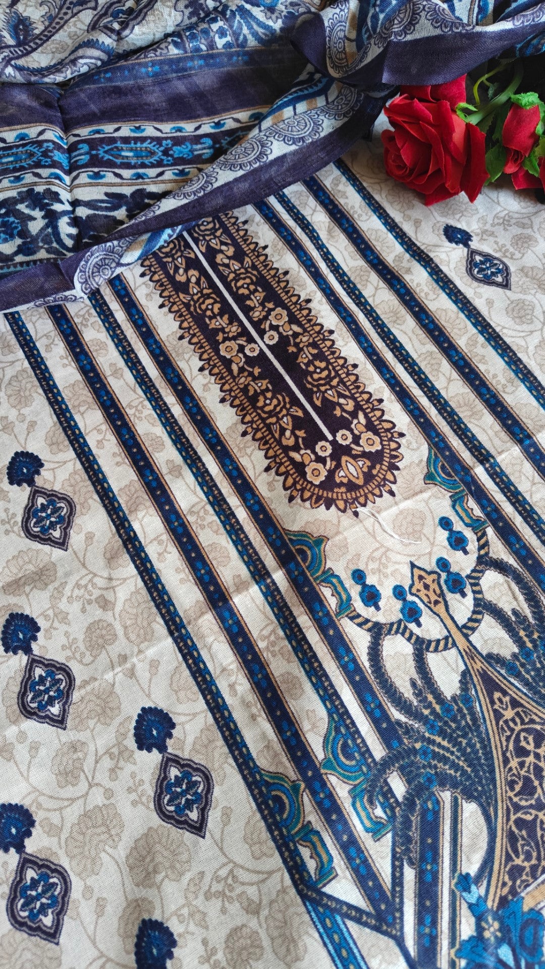 Cotton Printed Dress material Beige Bule