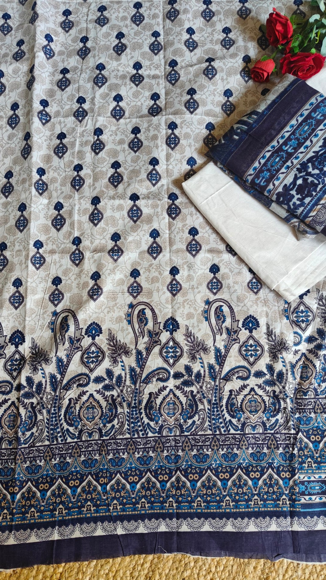 Cotton Printed Dress material Beige Bule