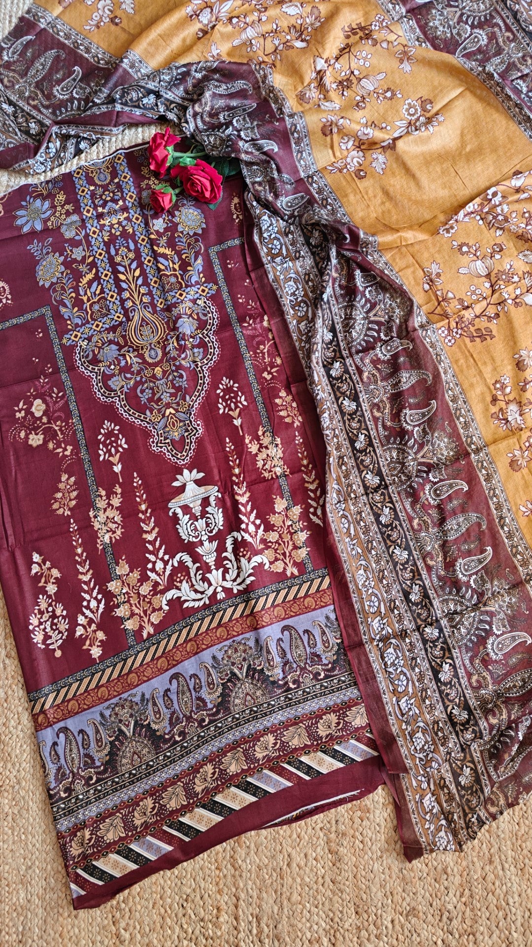 Maroon Mustard Cotton Printed Dress material.